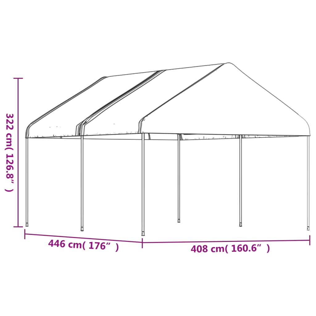 Prieel met dak 13,38x4,08x3,22 m polyetheen wit