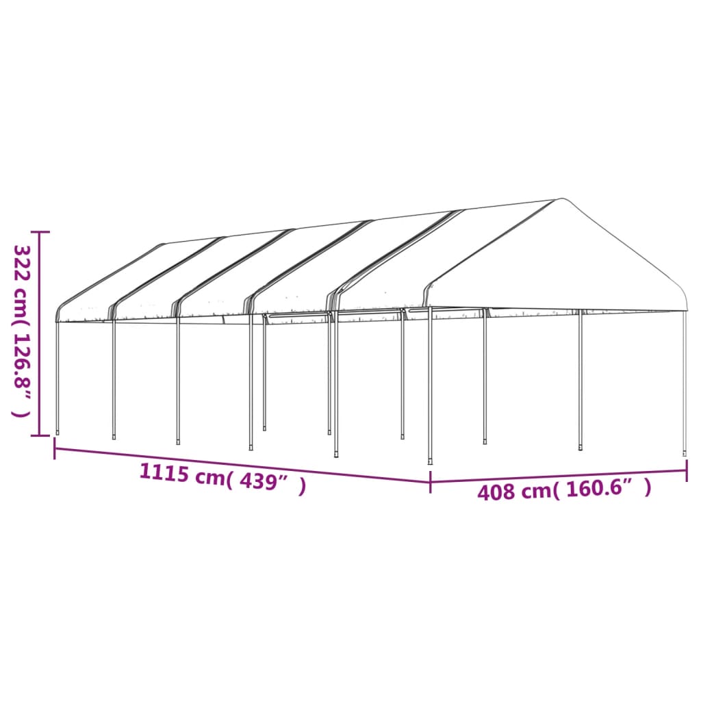 Prieel met dak 13,38x4,08x3,22 m polyetheen wit