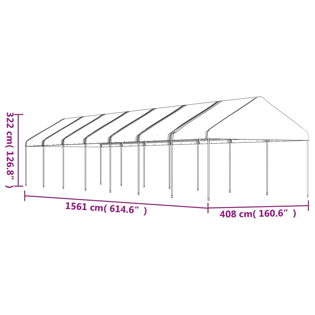 Prieel met dak 13,38x4,08x3,22 m polyetheen wit