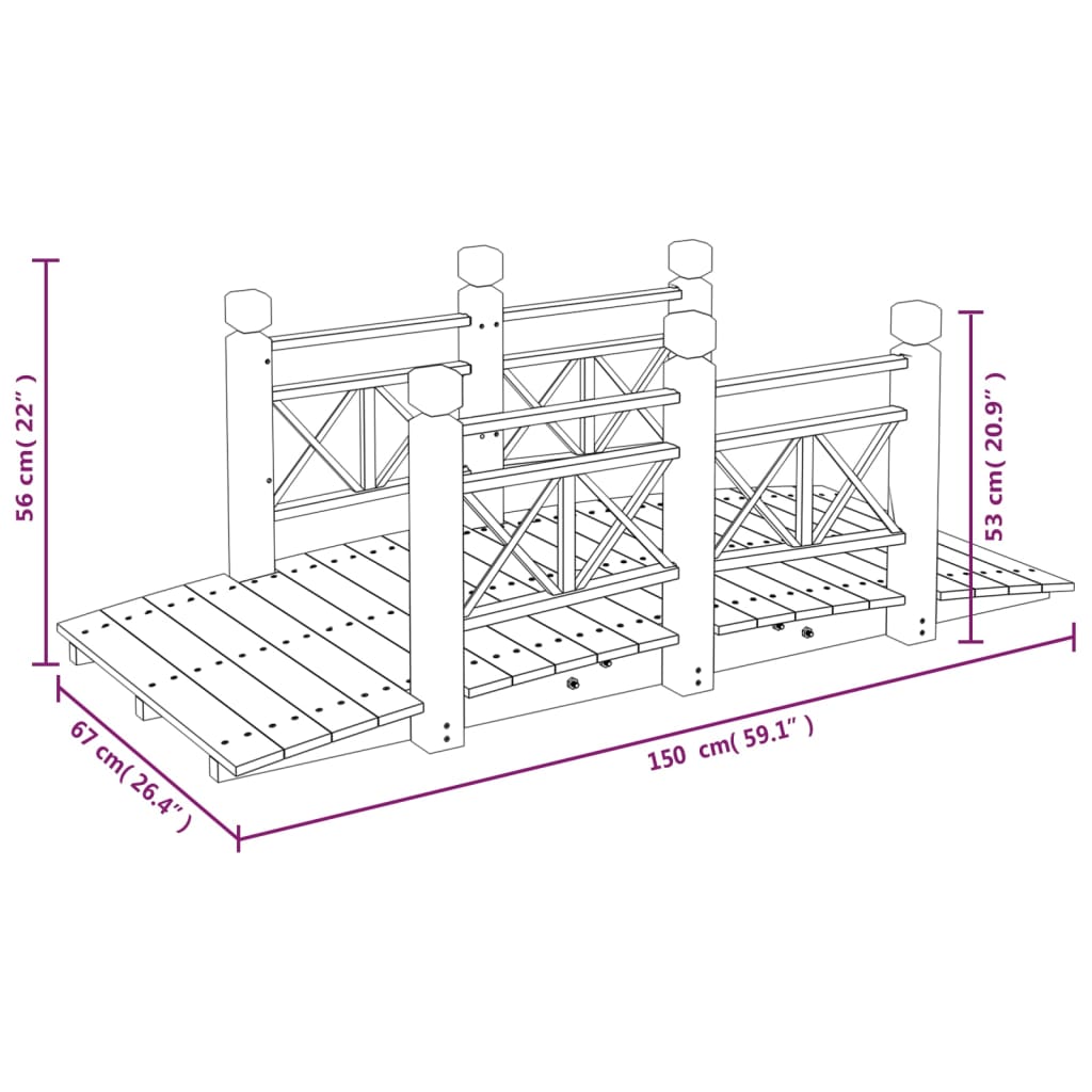 Tuinbrug met kettingrails 150x67x56 cm massief vurenhout