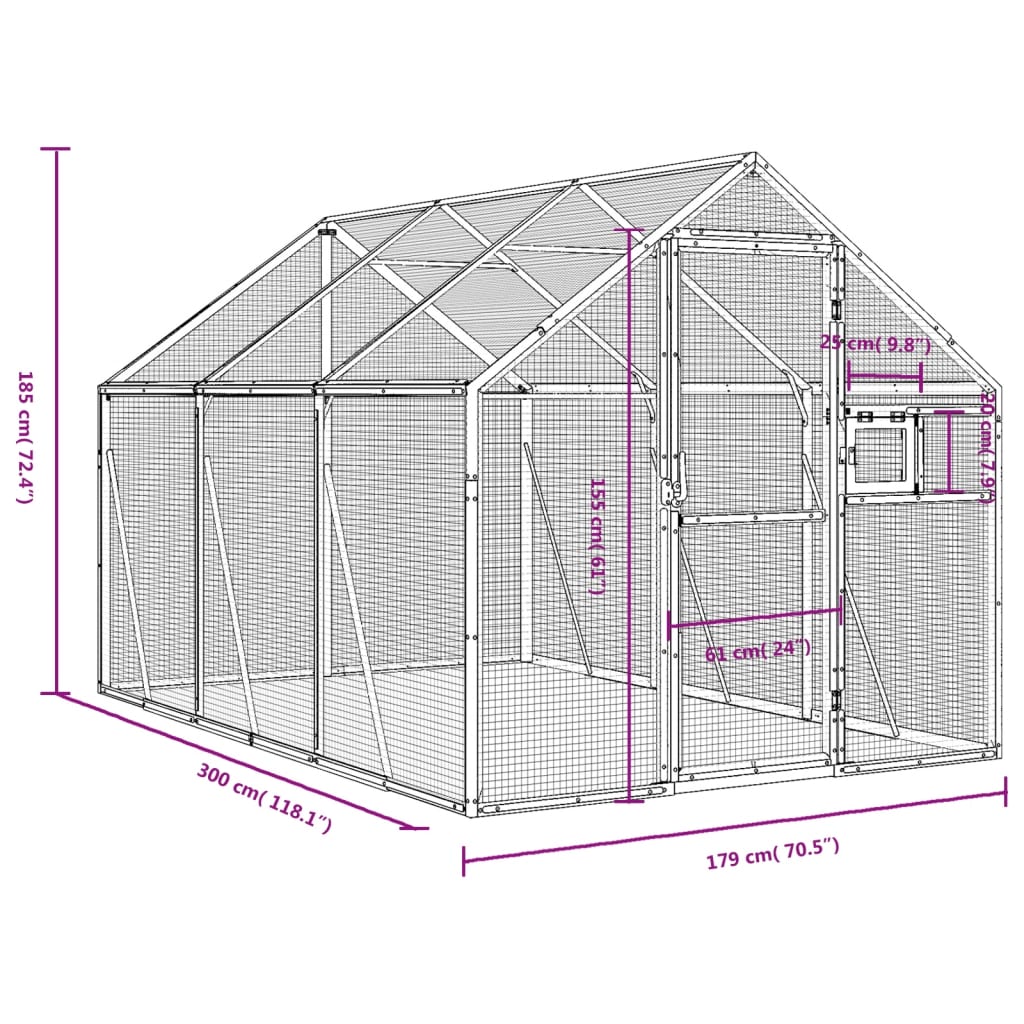 Volière 1,79x8x1,85 m aluminium zilverkleurig