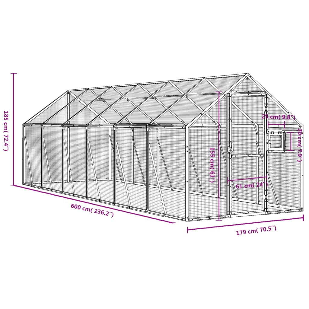 Volière 1,79x8x1,85 m aluminium zilverkleurig