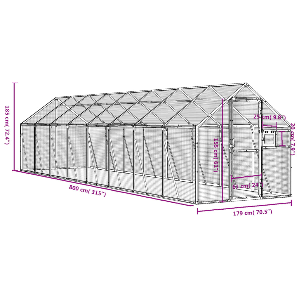 Volière 1,79x8x1,85 m aluminium zilverkleurig