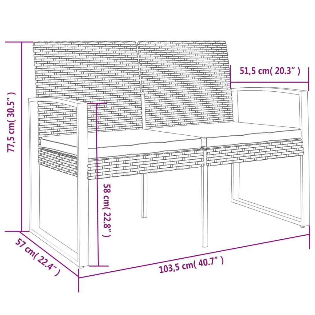 Banc de jardin 2 places avec coussins en rotin polypropylène