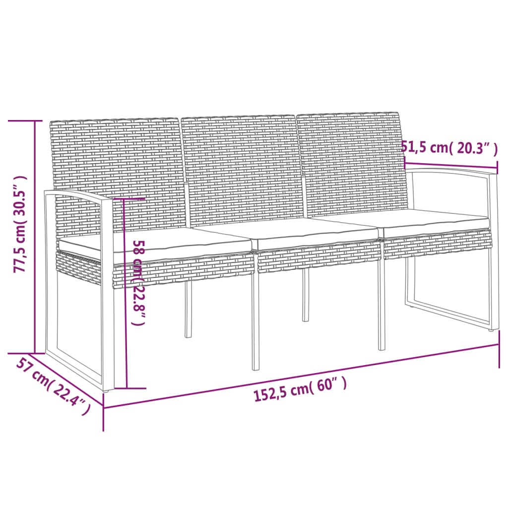 Tuinbank 3-zits met kussens polypropeen rattan