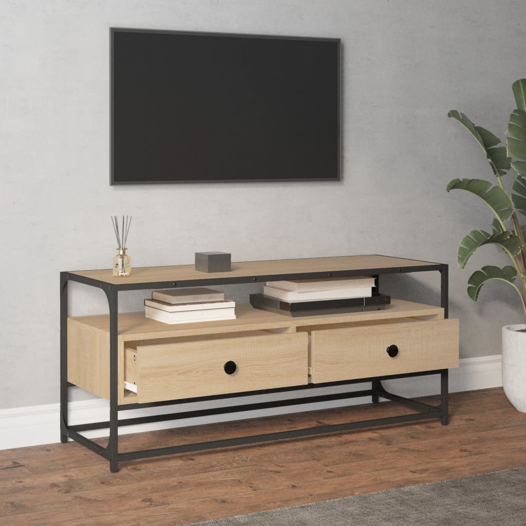 Meuble TV 100x35x45 cm ouvré en bois couleur chêne