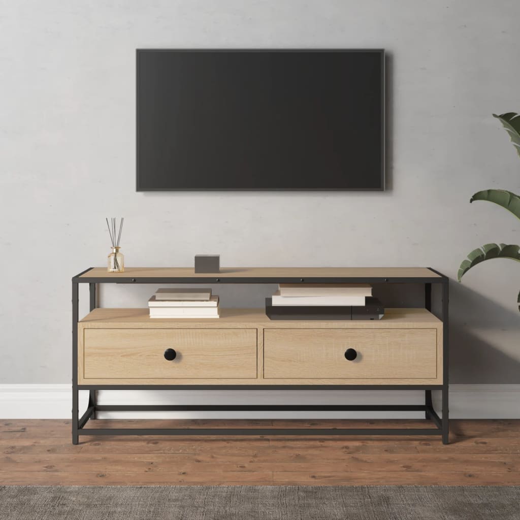 Meuble TV 100x35x45 cm ouvré en bois couleur chêne