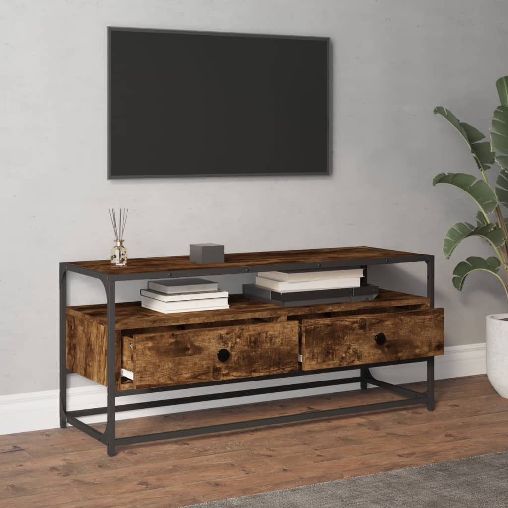 Meuble TV 100x35x45 cm ouvré en bois couleur chêne