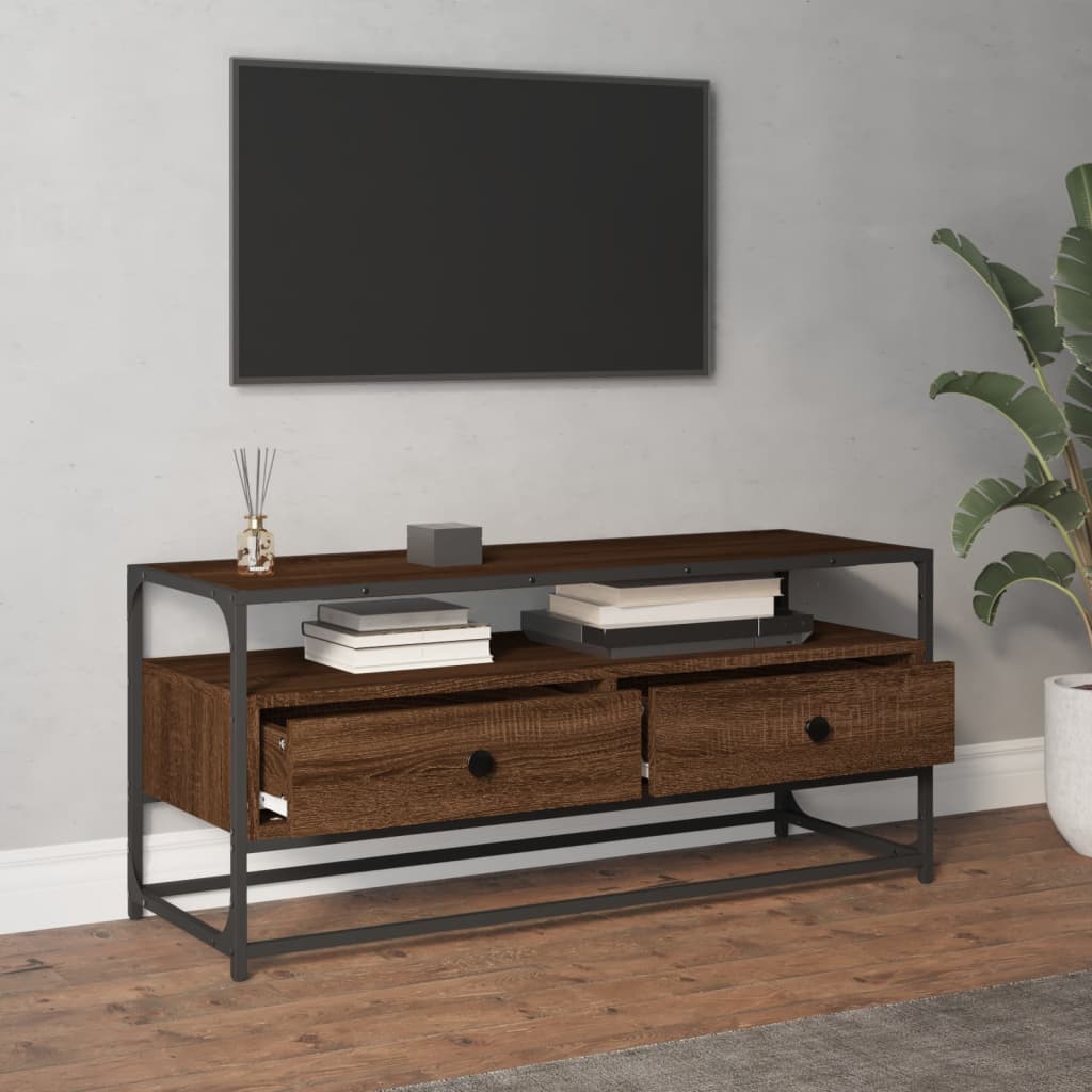 Meuble TV 100x35x45 cm ouvré en bois couleur chêne