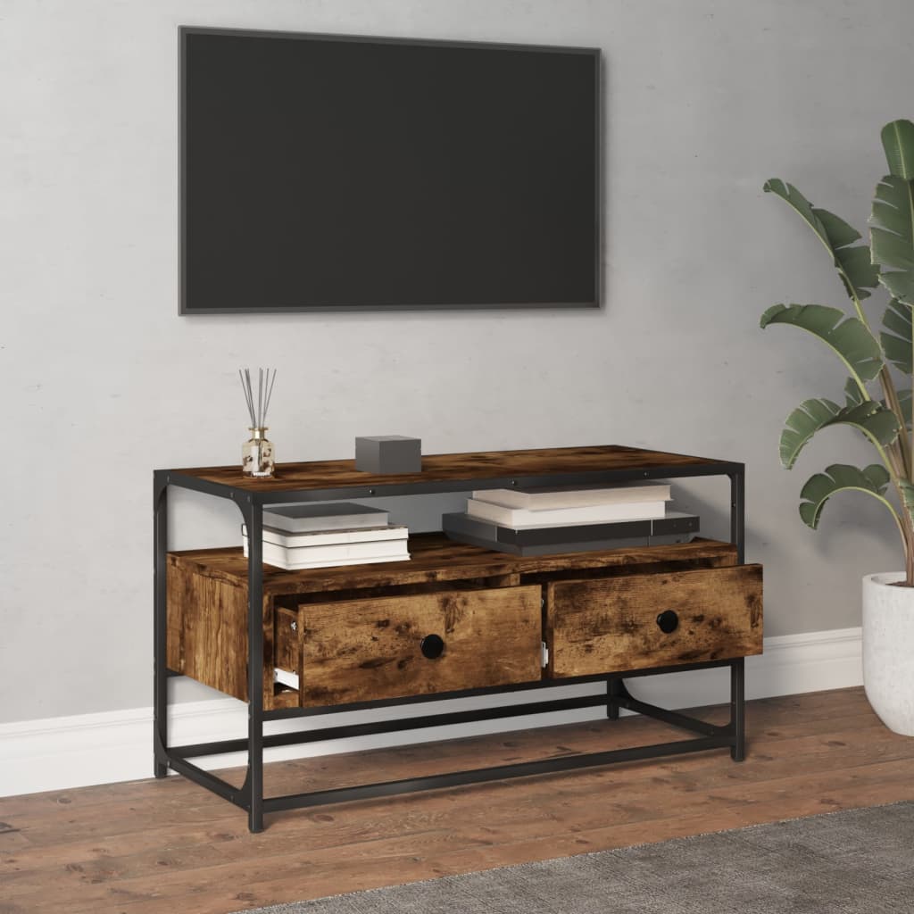 Meuble TV 100x35x45 cm ouvré en bois couleur chêne