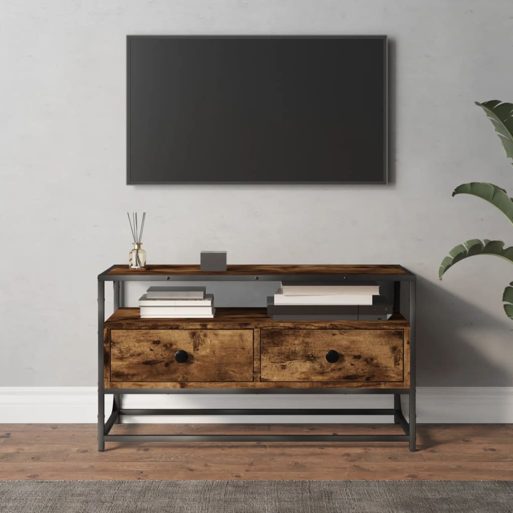 Meuble TV 100x35x45 cm ouvré en bois couleur chêne