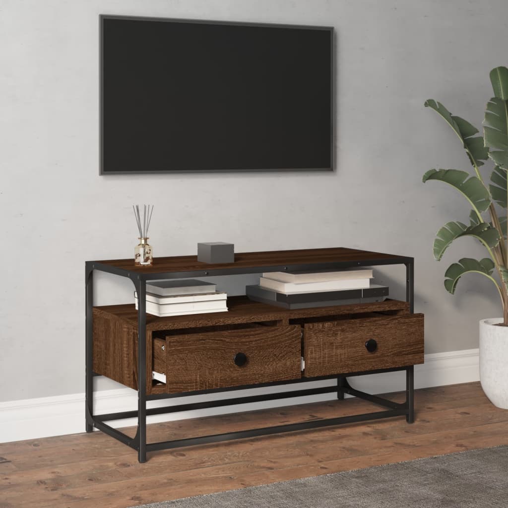 Meuble TV 100x35x45 cm ouvré en bois couleur chêne