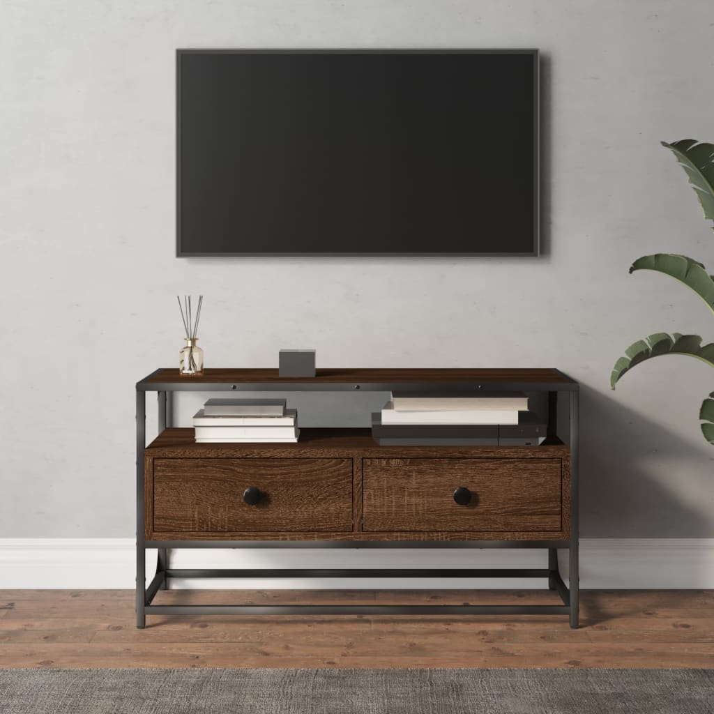 Meuble TV 100x35x45 cm ouvré en bois couleur chêne