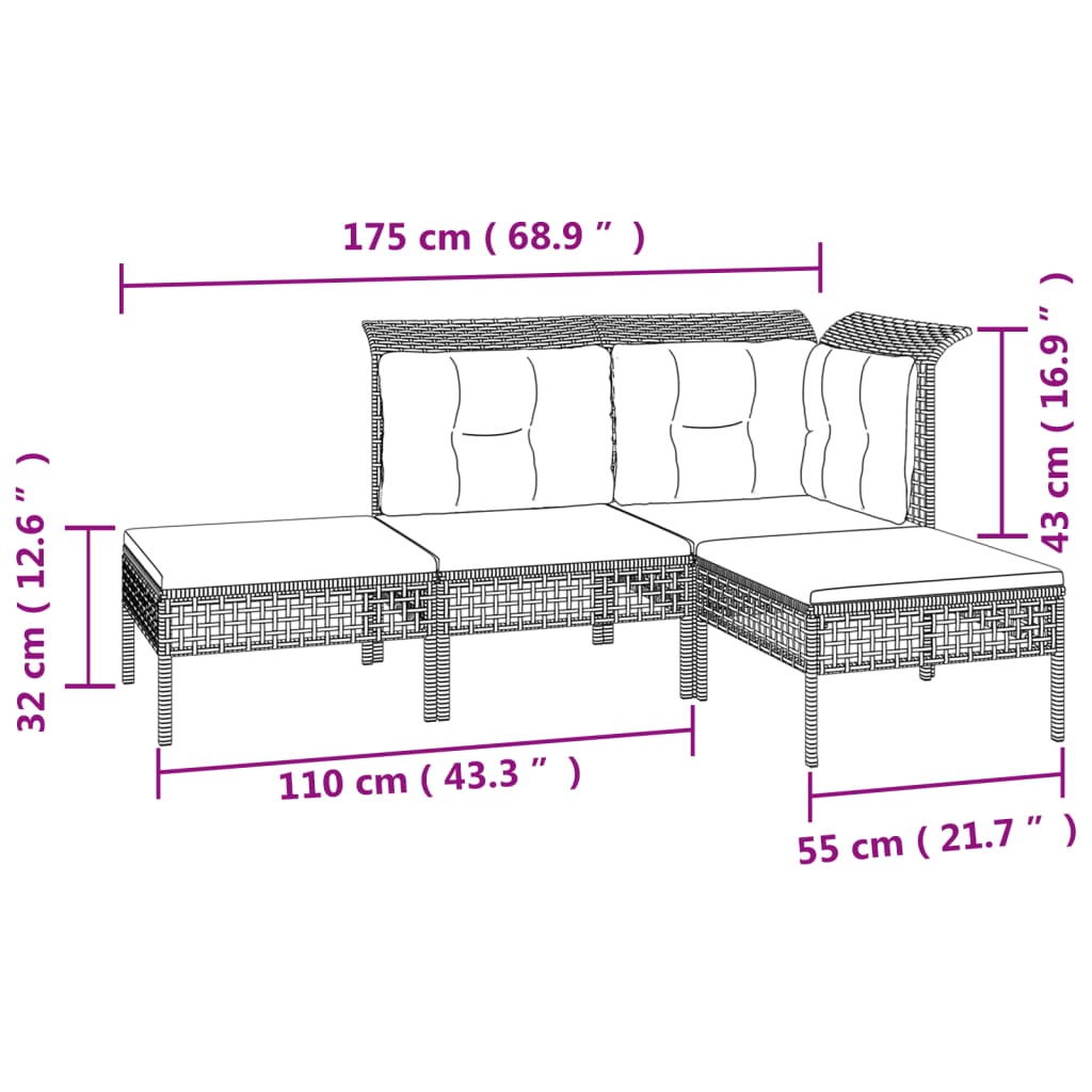 4-delige Loungeset met kussens poly rattan grijs