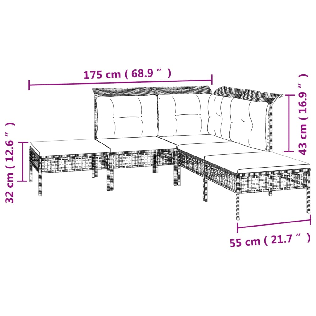 4-delige Loungeset met kussens poly rattan grijs