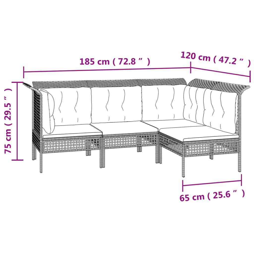 4-delige Loungeset met kussens poly rattan grijs