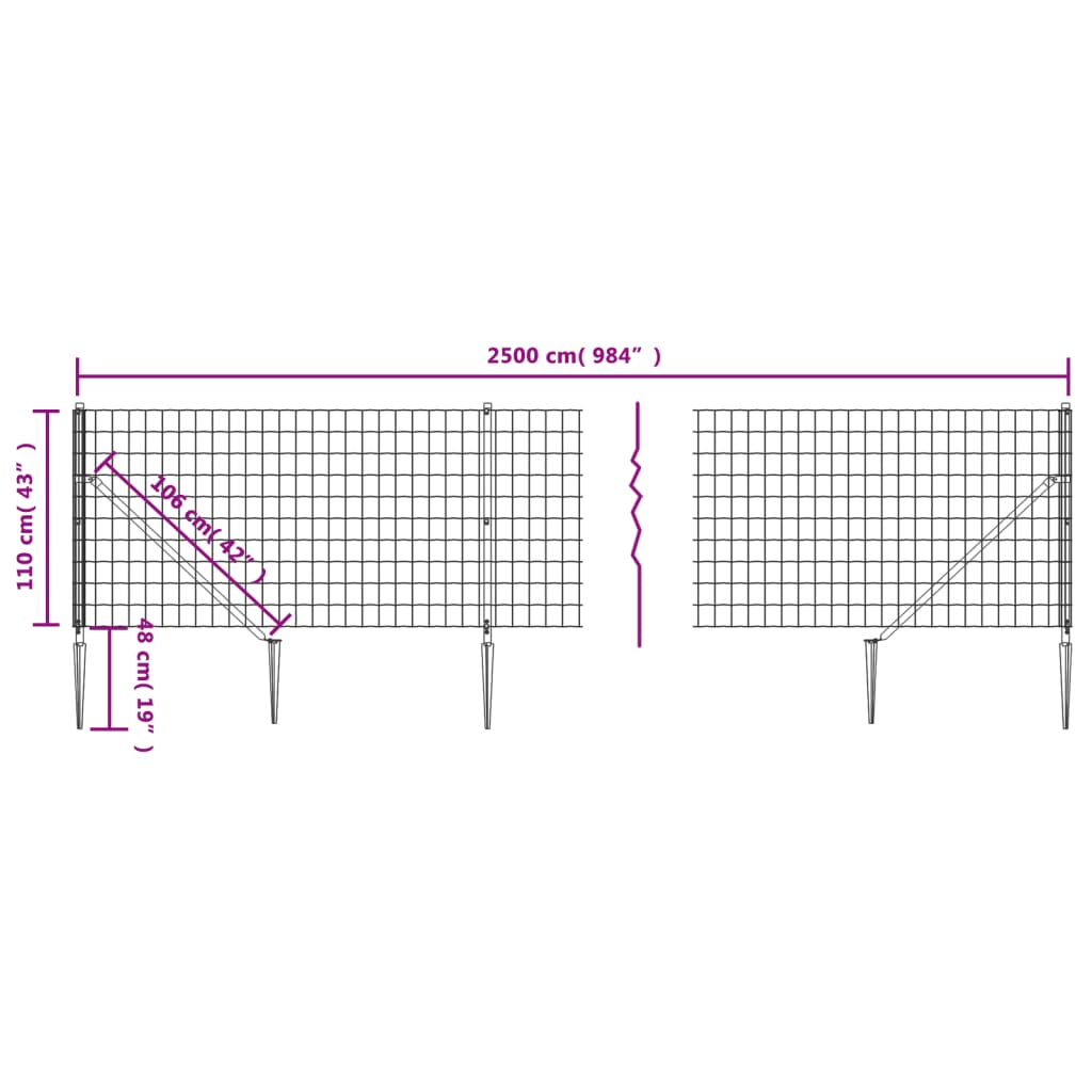 Draadgaashek met grondankers 2x25 m antracietkleurig