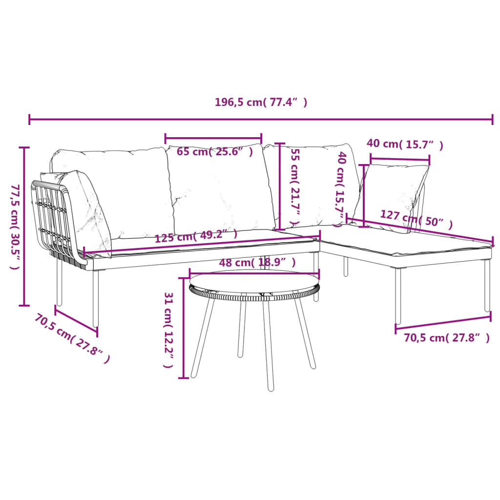 3-delige Loungeset met kussens poly rattan beige