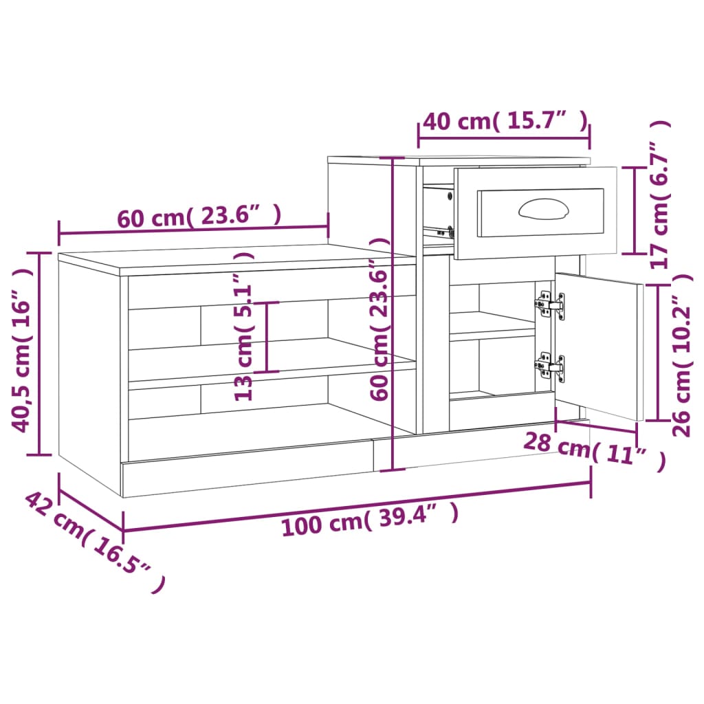 Schoenenkast 100x42x60 cm bewerkt hout