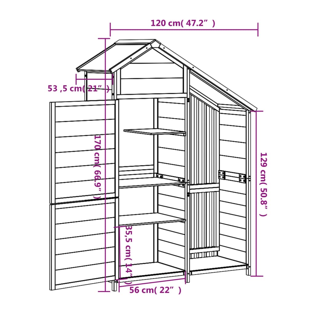 Abri de jardin 120x53,5x170 cm en bois de pin massif couleur moka