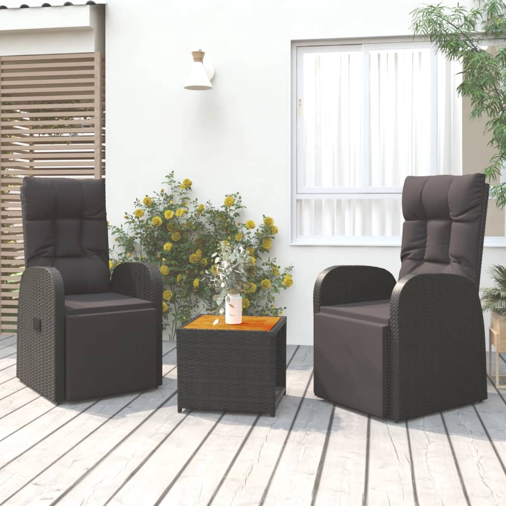 3-delige Loungeset poly rattan en staal zwart