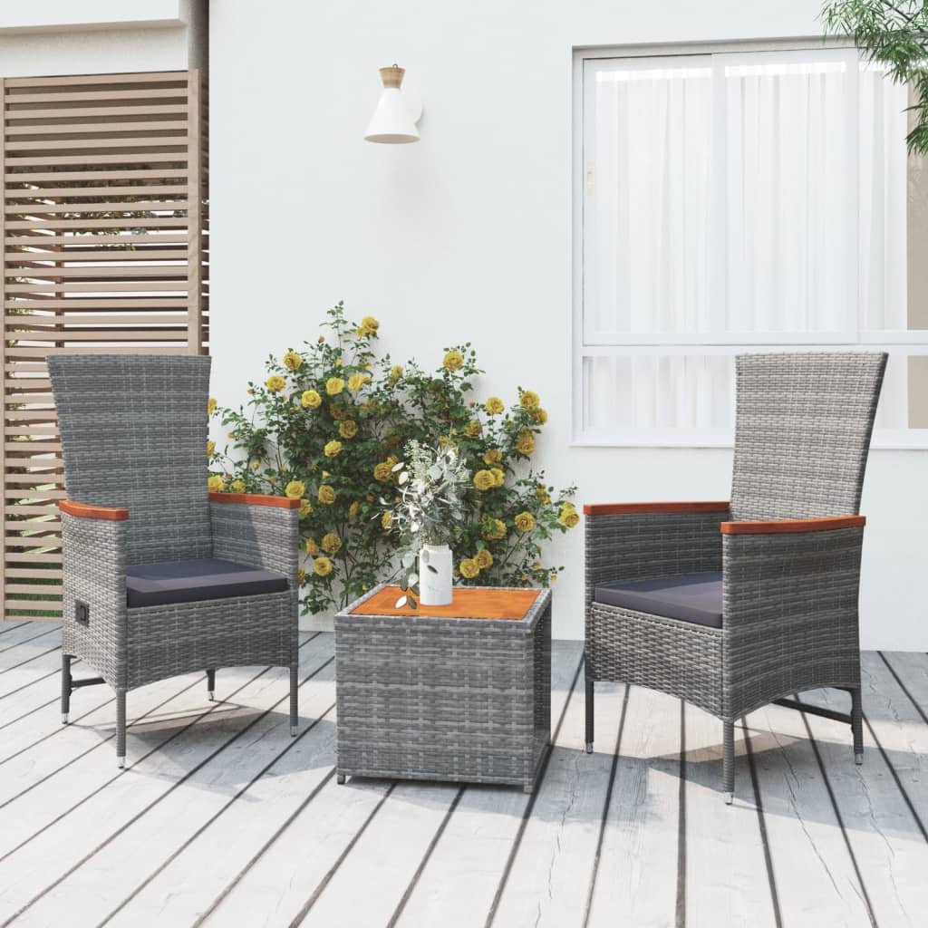 3-delige Loungeset poly rattan en massief acaciahout grijs