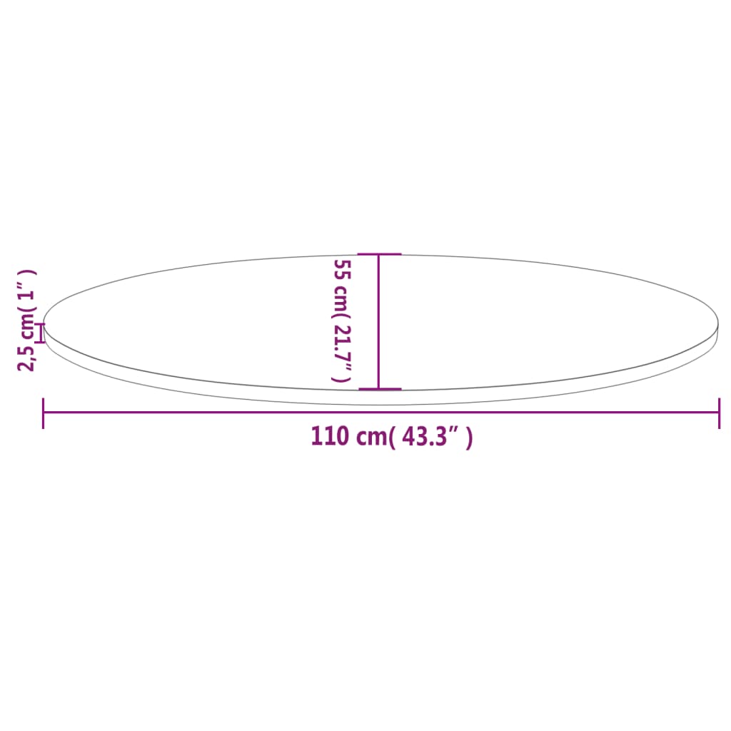 Plateau de table ovale 100x50x2,5 cm en bois de pin massif