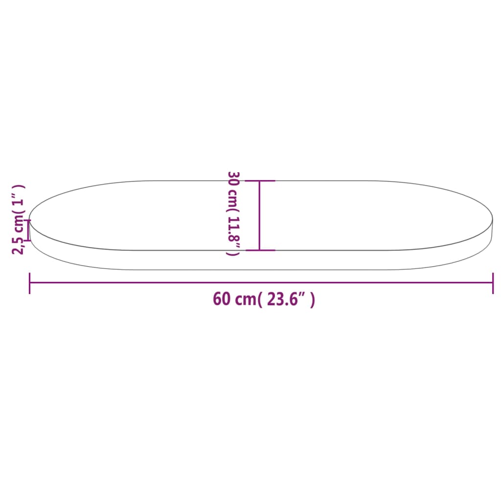 Plateau de table ovale 70x35x2,5 cm en bois de pin massif