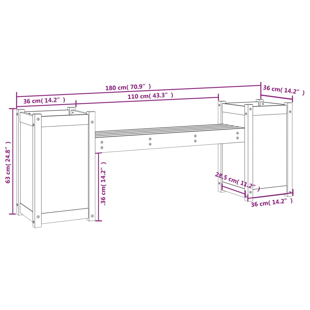 Bankje met plantenbakken 180x36x63 cm