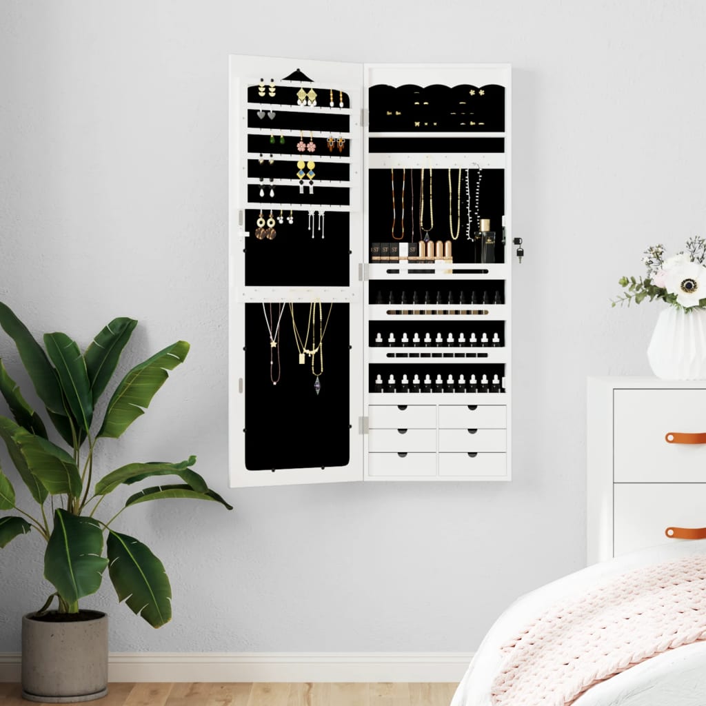 Armoire à bijoux avec miroir mural 37,5x10x106 cm blanc