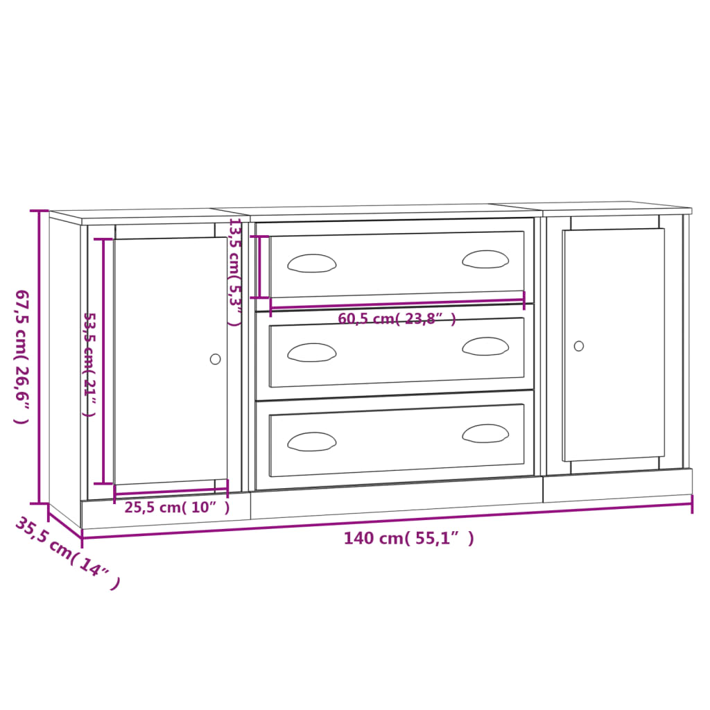 Buffets 3 pcs en bois travaillé.