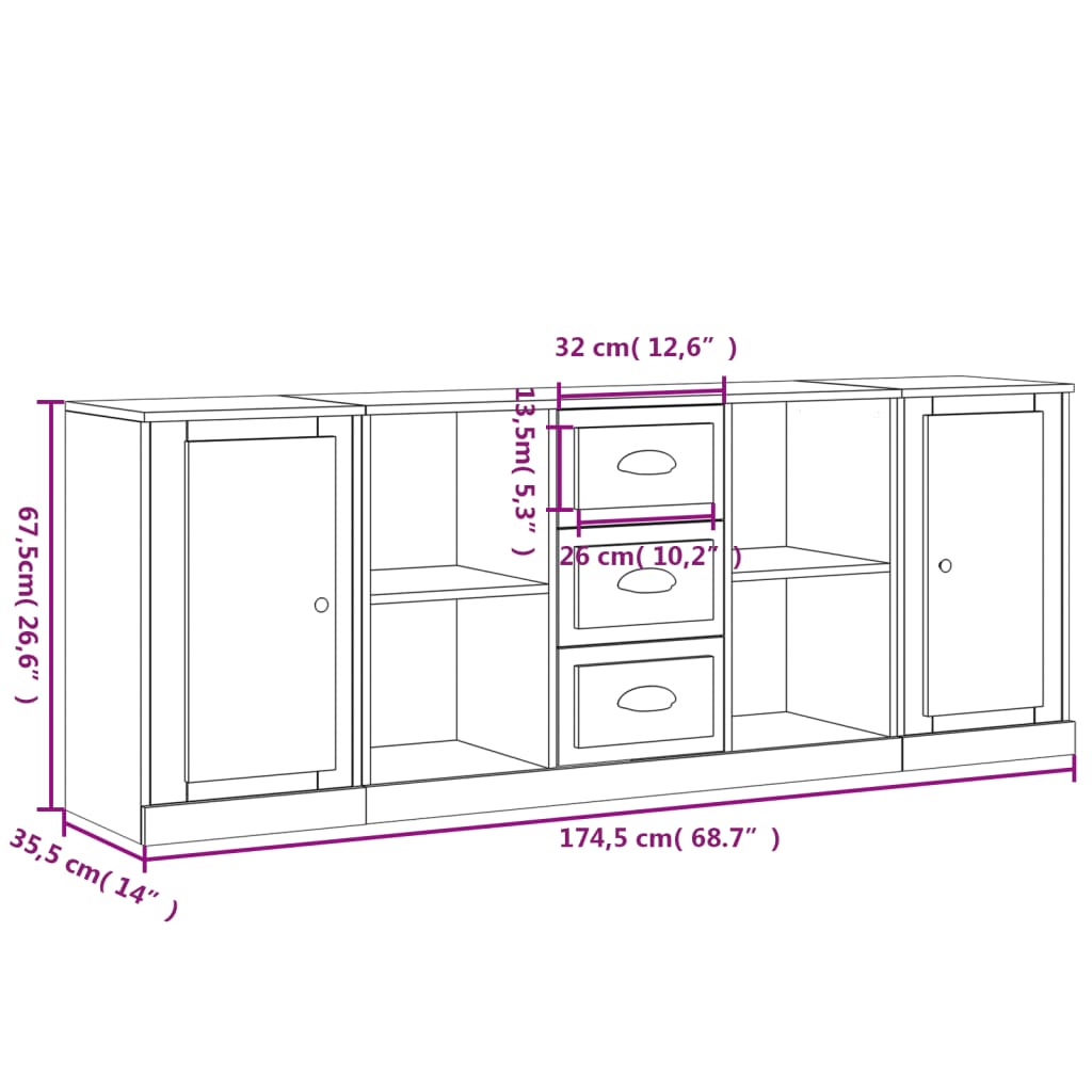 Buffets 3 pcs en bois ouvré couleur chêne