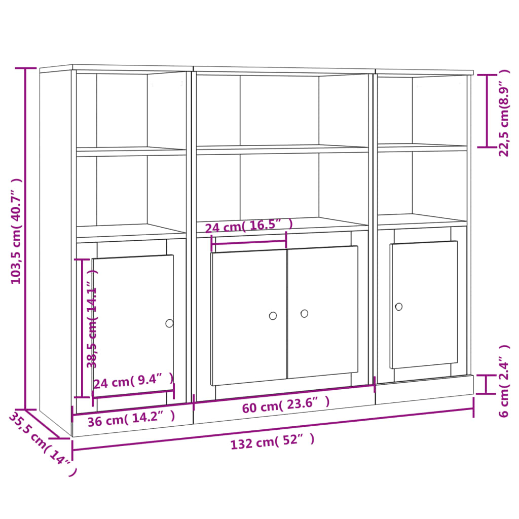 Armoires hautes 3 pcs en bois travaillé.