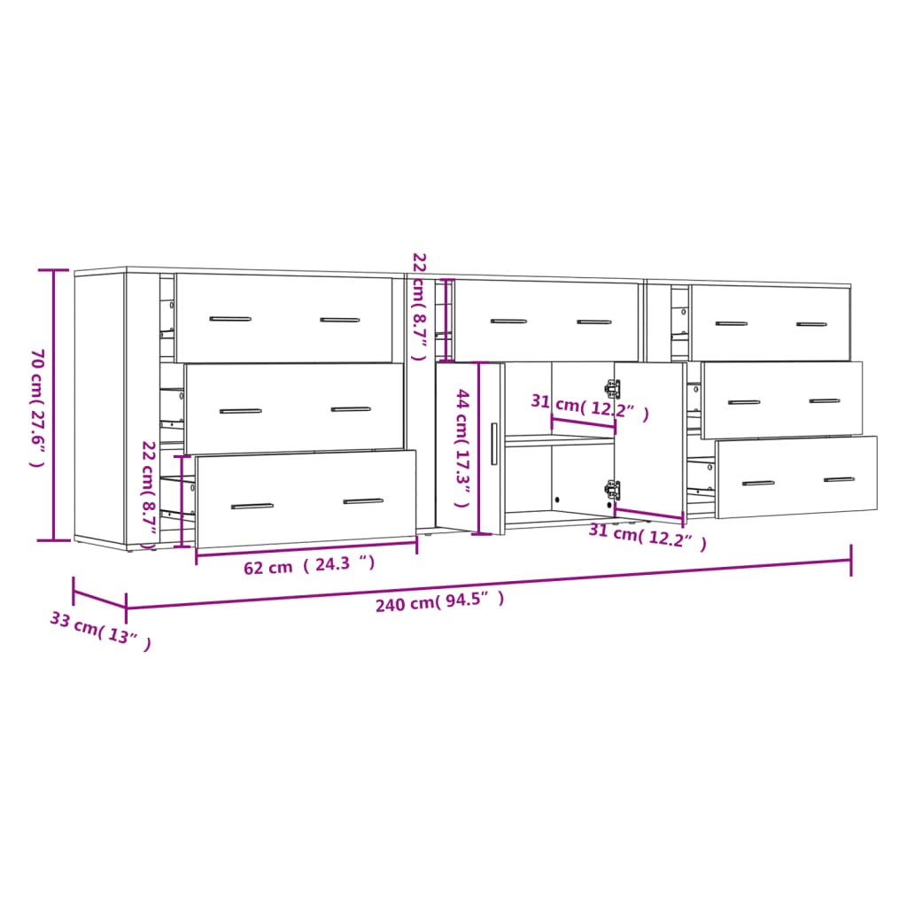 Buffets 3 pcs en bois ouvré couleur chêne