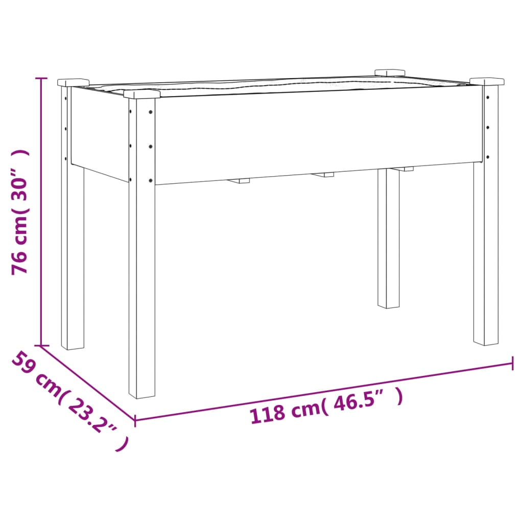 Plantenbak met voering 161x45x76 cm massief vurenhout