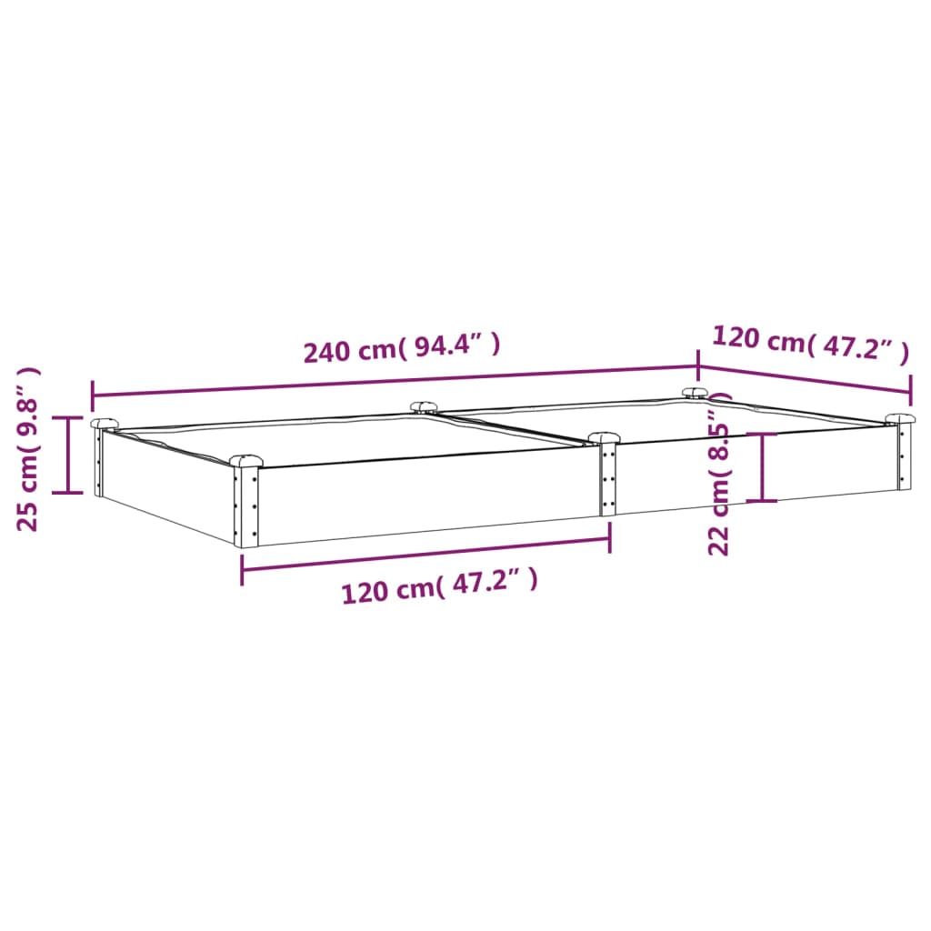 Plantenbak verhoogd met voering 240x120x25 cm massief vurenhout