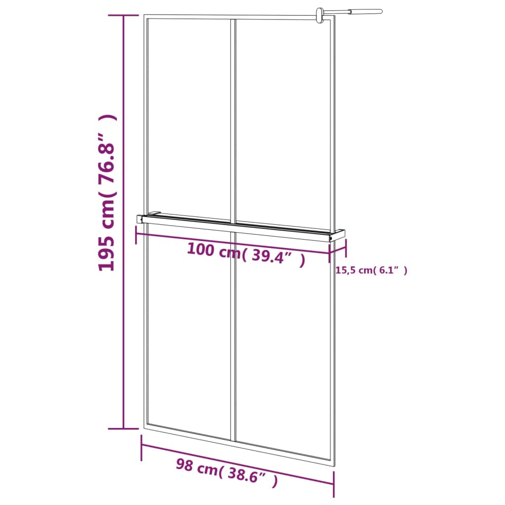 Inloopdouchewand met schap 118x190 cm ESG-glas aluminium