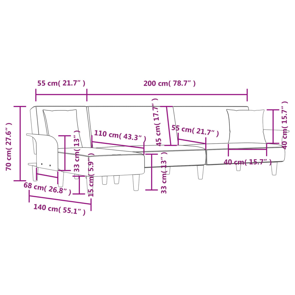 Slaapbank L-vormig 279x140x70 cm stof