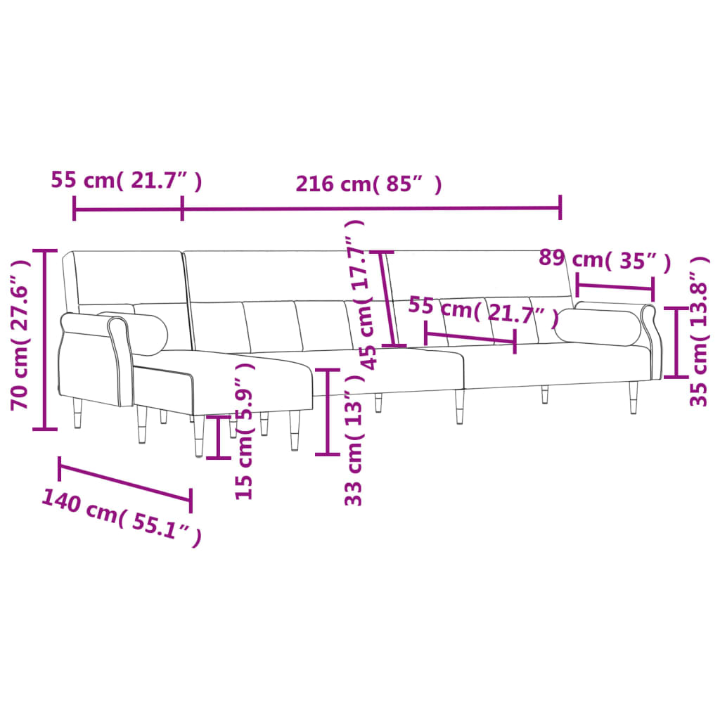 Slaapbank L-vormig 271x140x70 cm fluweel