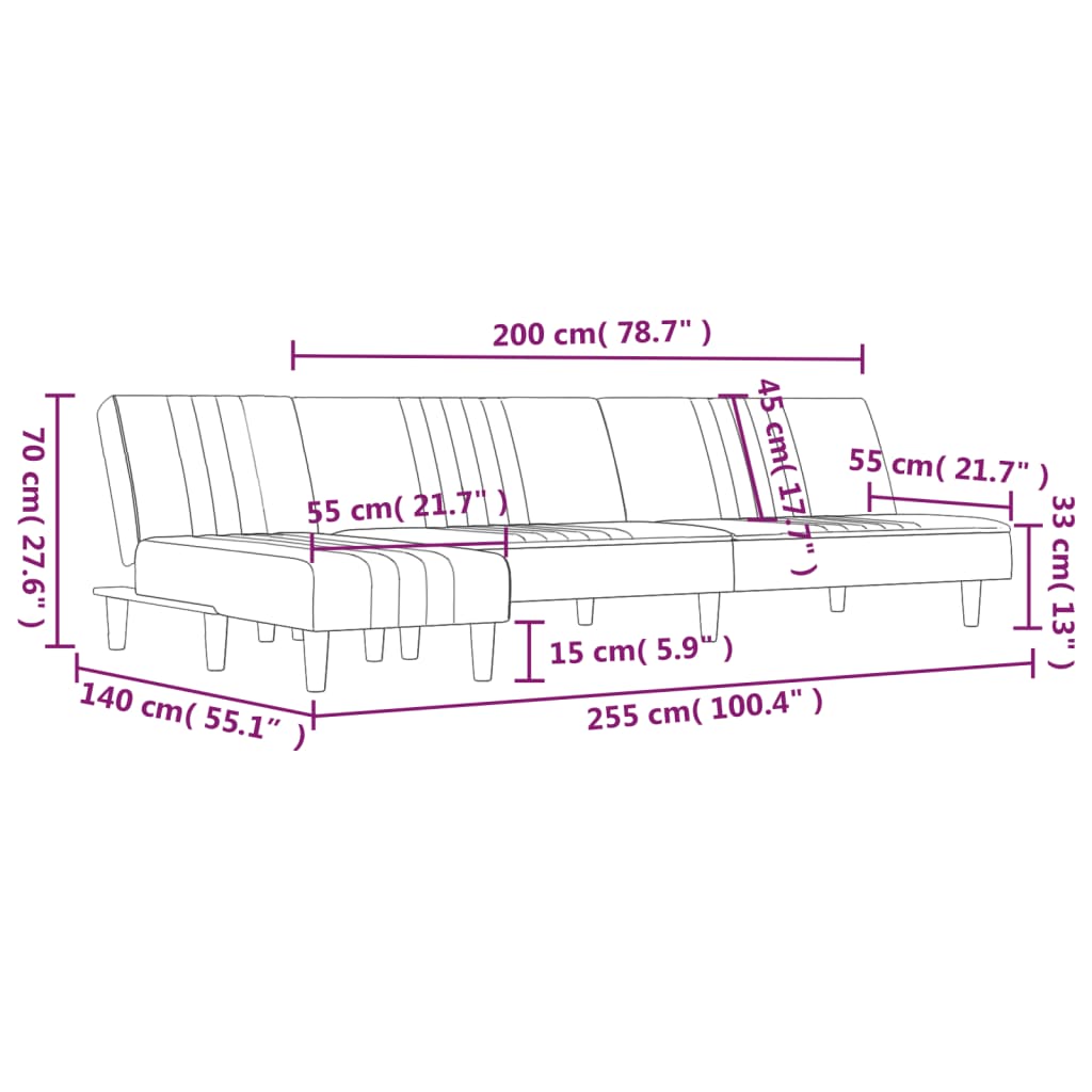 Slaapbank L-vormig 255x140x70 cm fluweel zwart