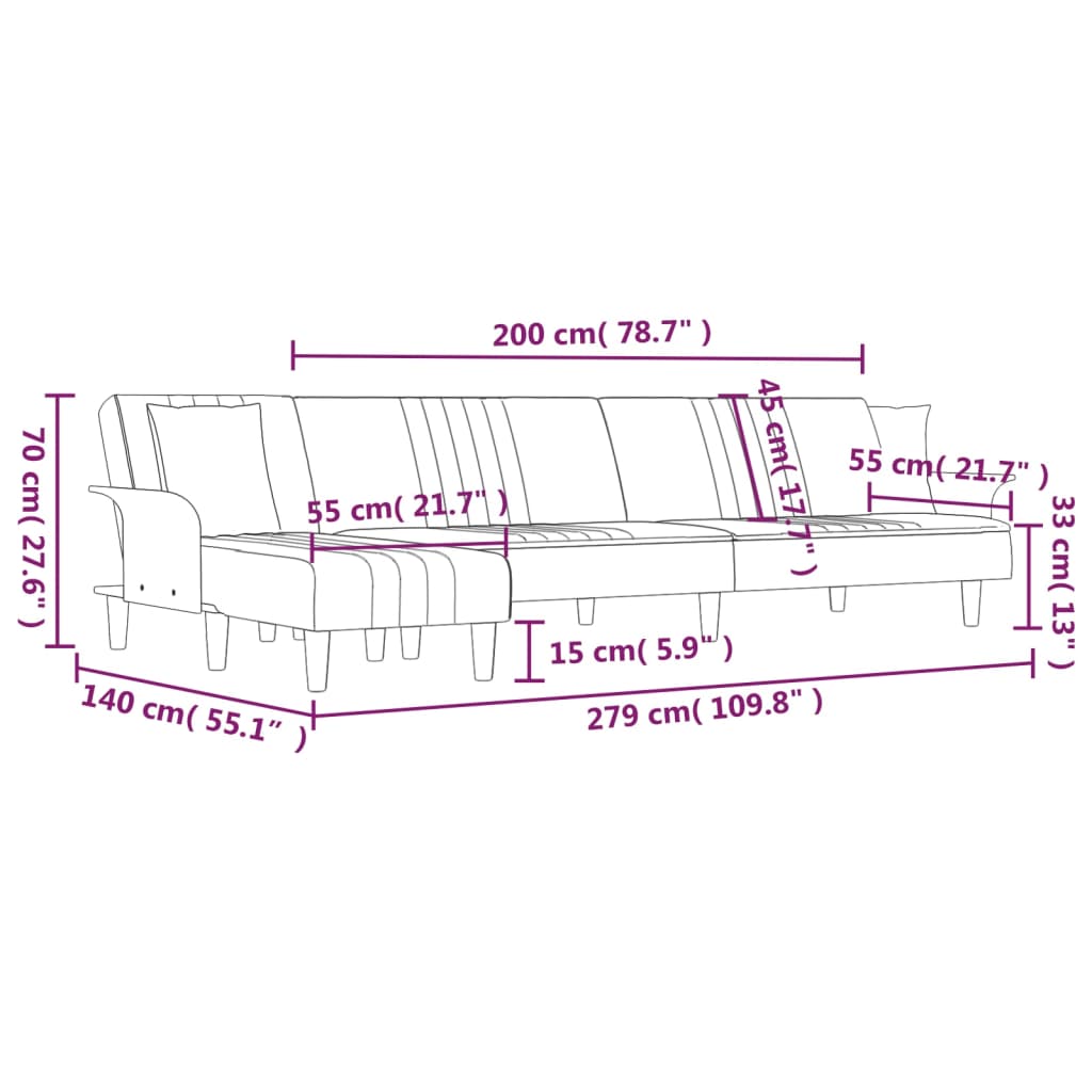 Slaapbank L-vormig 279x140x70 cm stof donkergrijs