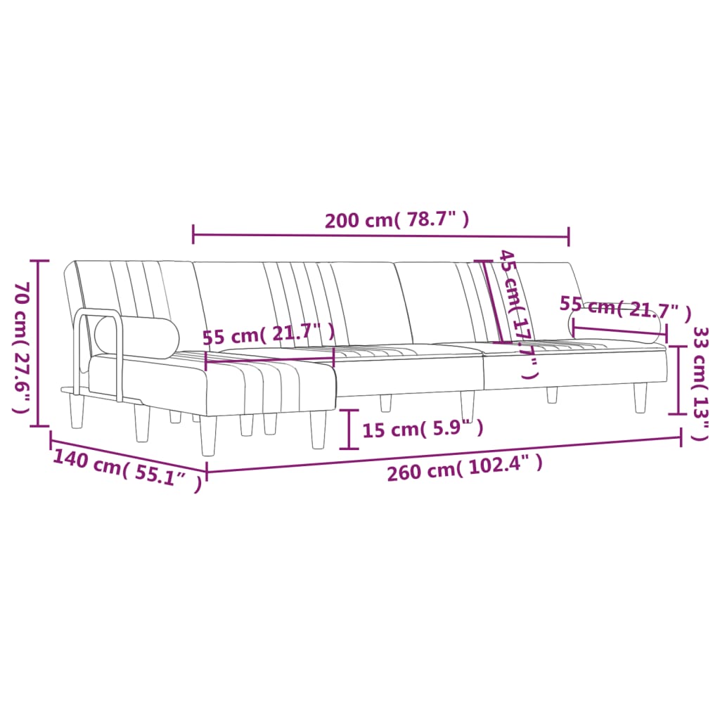 Slaapbank L-vormig 260x140x70 cm fluweel