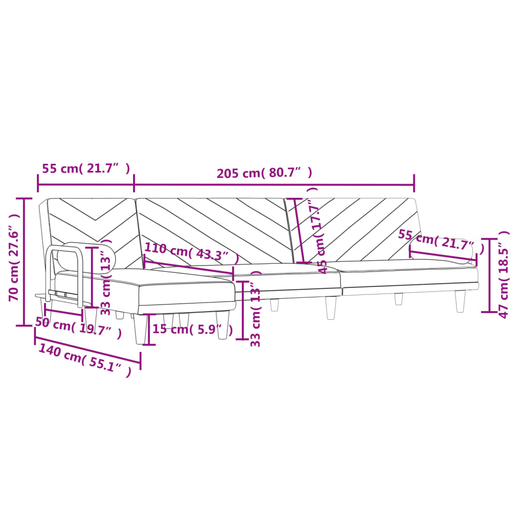 Slaapbank L-vormig 260x140x70 cm stof lichtgrijs