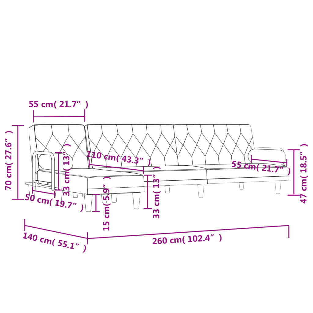 Slaapbank L-vormig 260x140x70 cm stof