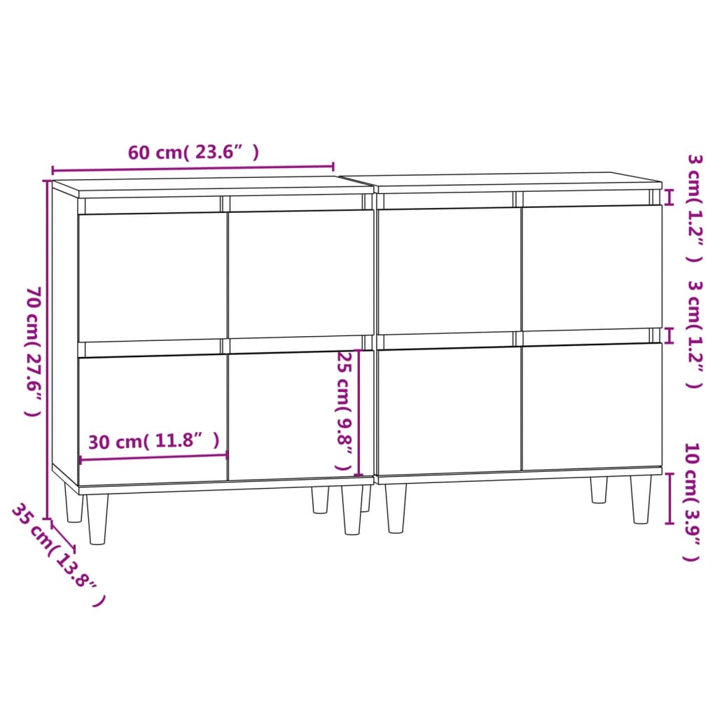 Dressoirs 3 st 60x35x70 cm bewerkt hout eikenkleurig