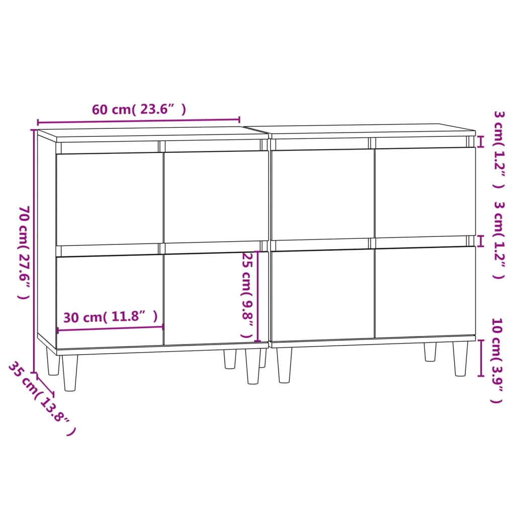 Dressoirs 3 st 60x35x70 cm bewerkt hout eikenkleurig