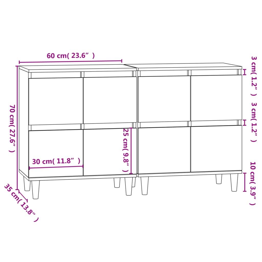 Dressoirs 3 st 60x35x70 cm bewerkt hout eikenkleurig