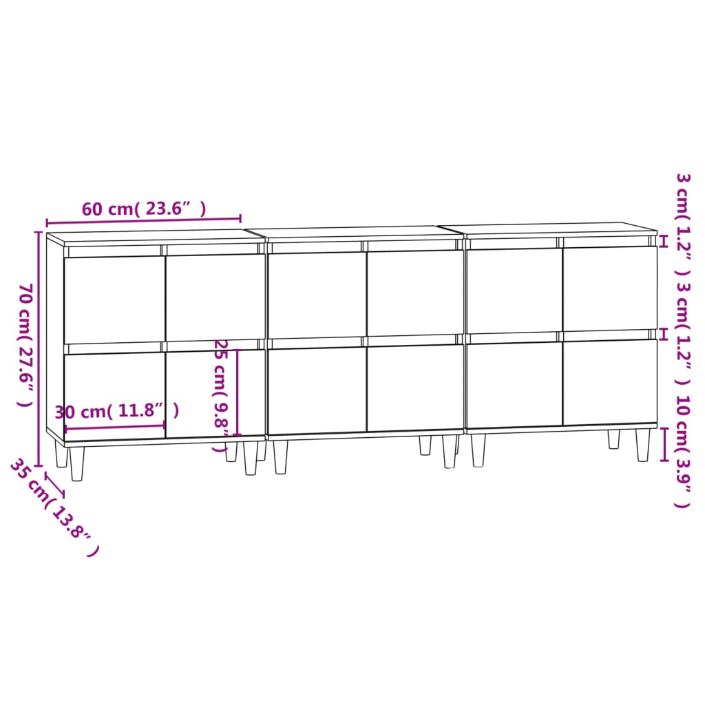 Dressoirs 3 st 60x35x70 cm bewerkt hout eikenkleurig