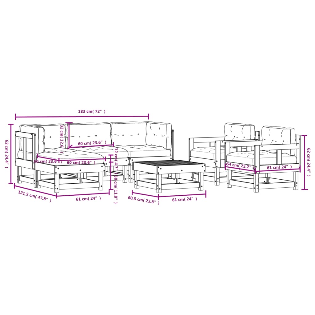 7-delige Loungeset met kussens massief