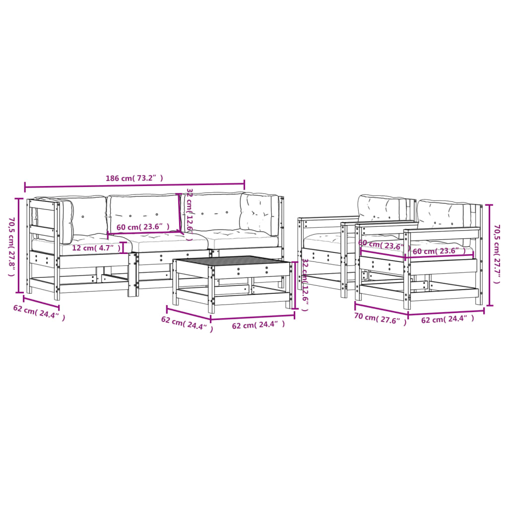 6-delige Loungeset met kussens massief hout